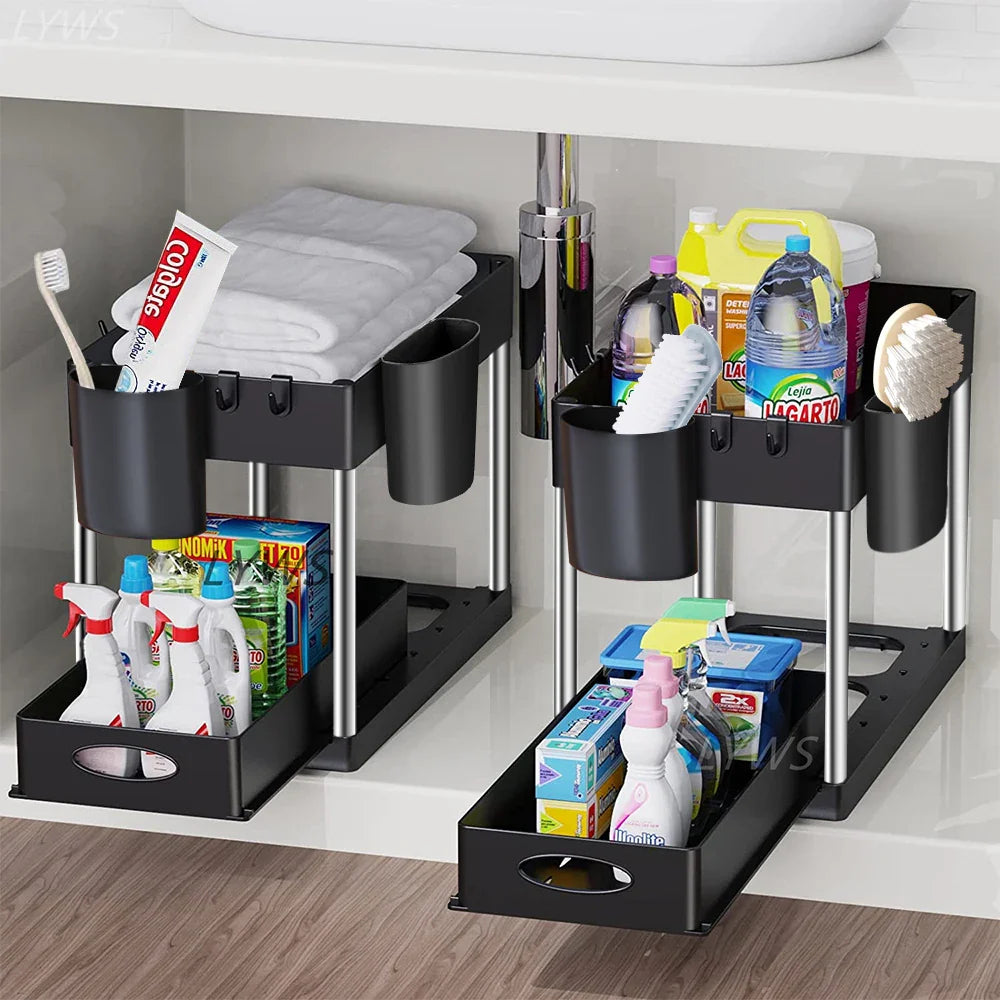 Hanging Cup & Hooks Cabinet Organizer | 2-Tier Sliding Under Sink Rack