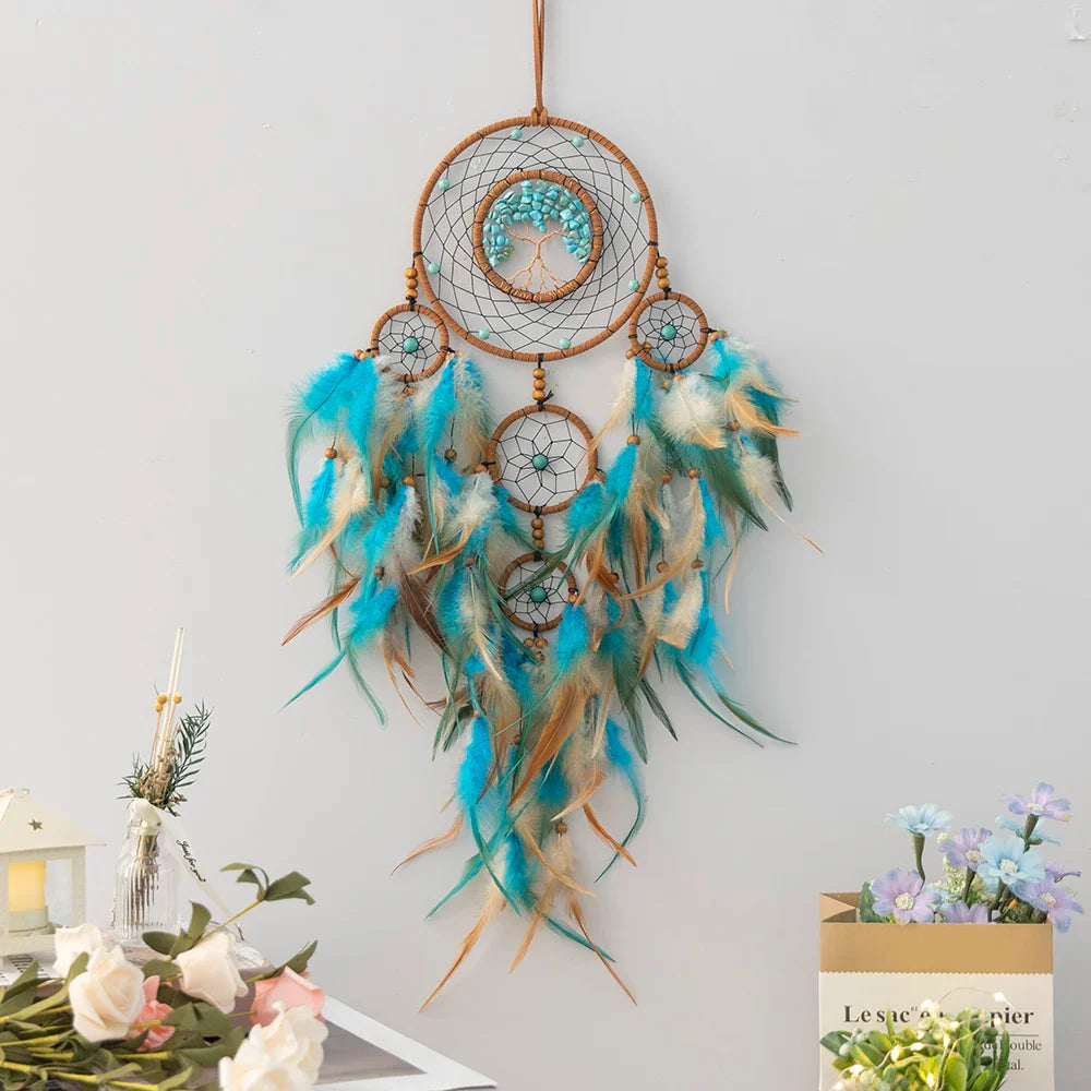 Tree of Life Dream Catcher | Natural Stone & Feather Wall Ornament Gift