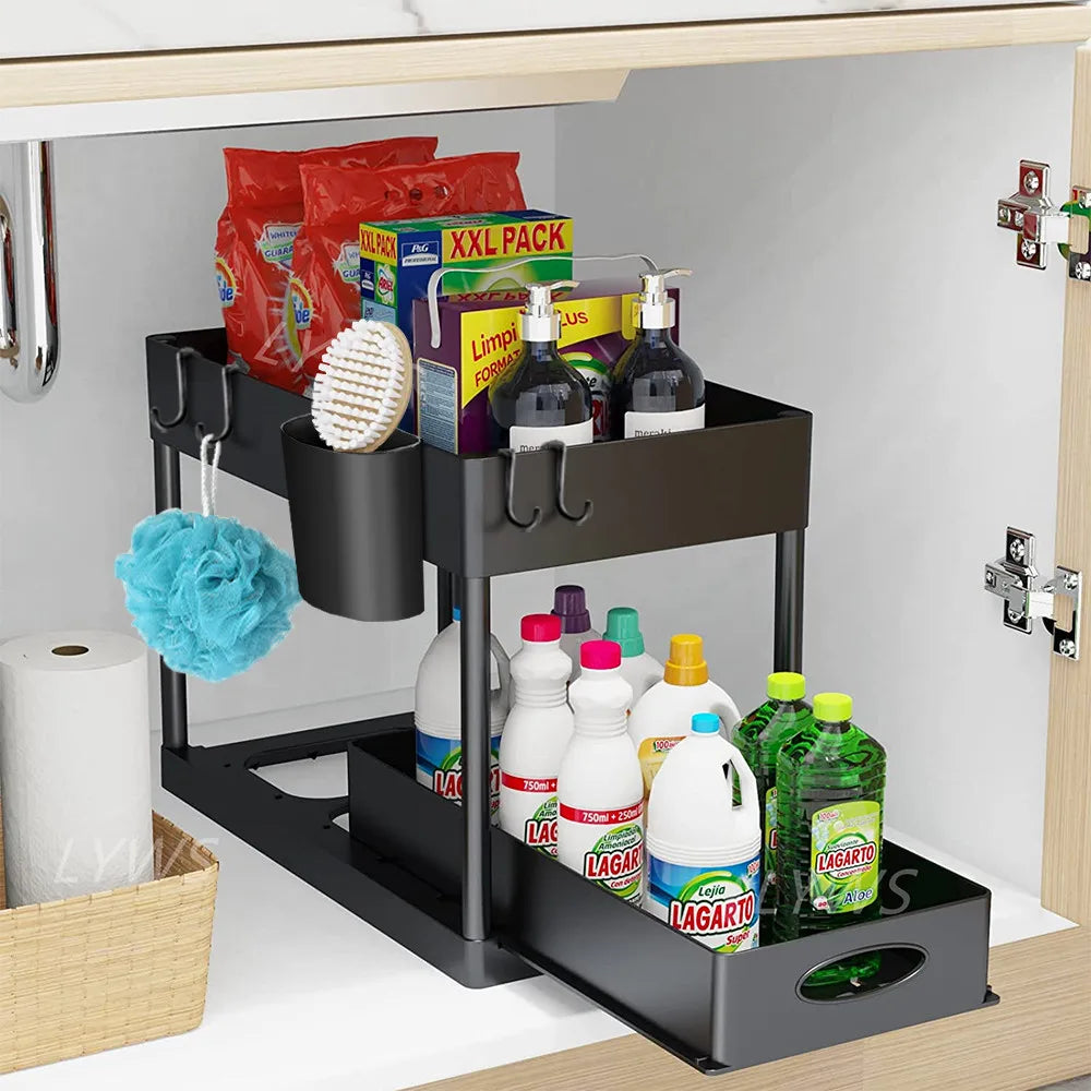 Hanging Cup & Hooks Cabinet Organizer | 2-Tier Sliding Under Sink Rack