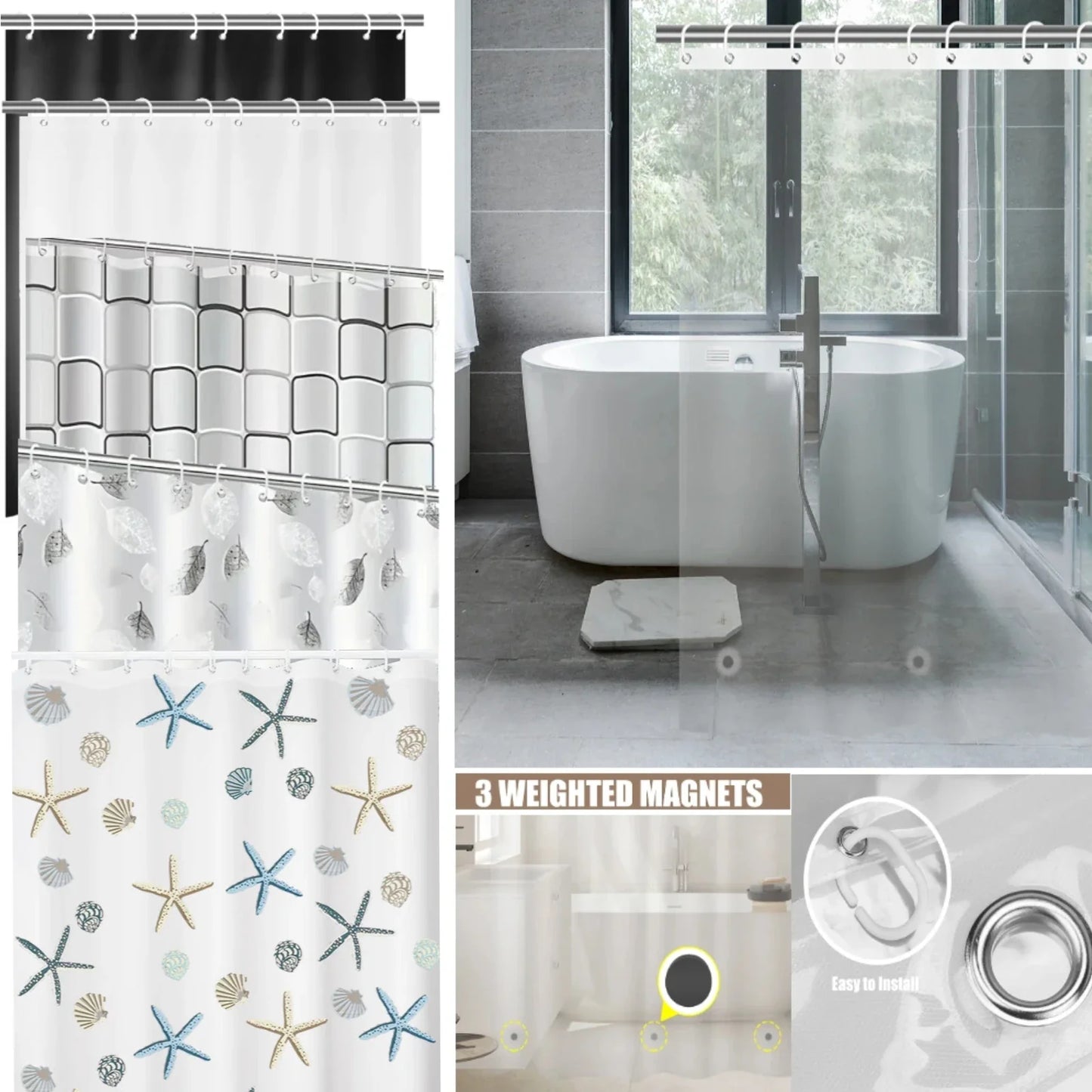 Durable Waterproof PEVA Bathroom Screen | White/Black/Clear Curtain