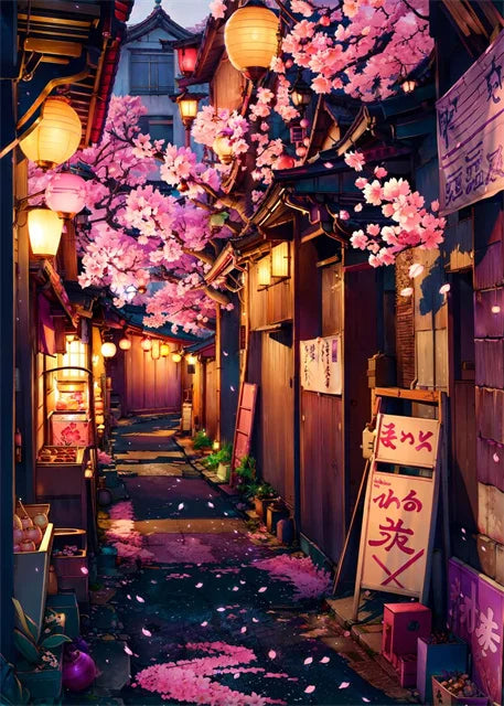 Modern Wall Art Prints | Japanese Street Scenery & Cherry Blossom Canvas