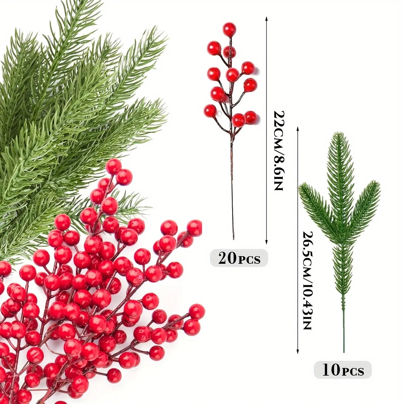 Christmas Tree Decoration Set (10PC) | Artificial Pine & Red Berry Branches