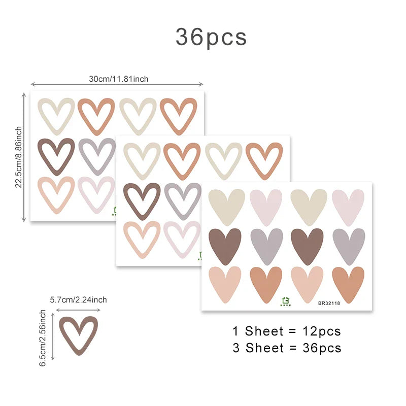 Trendy 36pc Heart Shape Wall Stickers | Boho Decor for Living Room & Kids Room