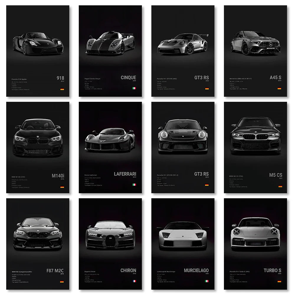 Modern Supercar Poster Set | Unframed Canvas Wall Art Print Birthday Gift