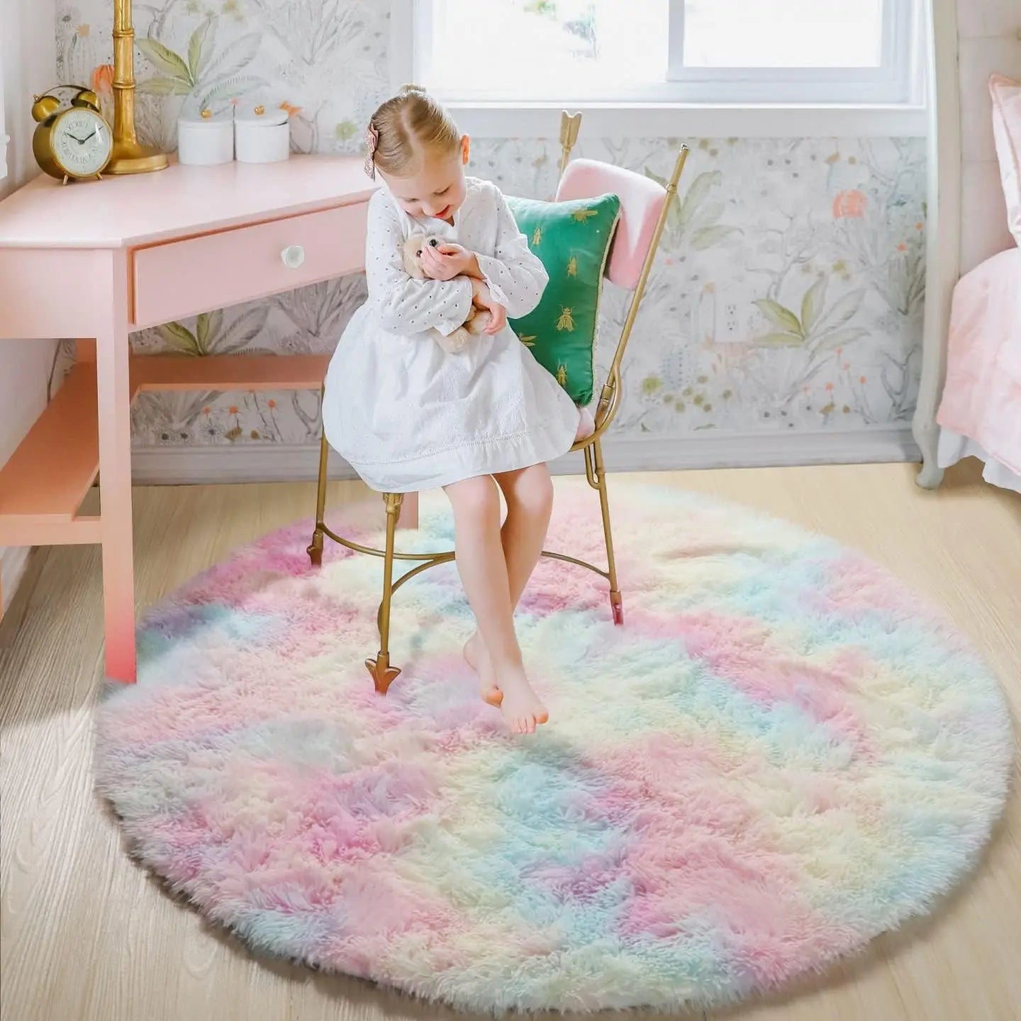 Princess Castle Circle Rug | Cute Soft Shag Plush Carpet for Kids' Room