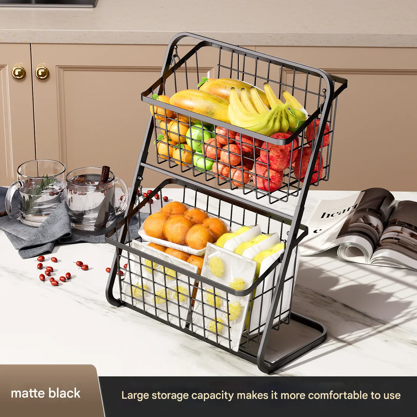 Household Black Multi-Tier Vegetable & Fruit Storage Basket | Floor Rack