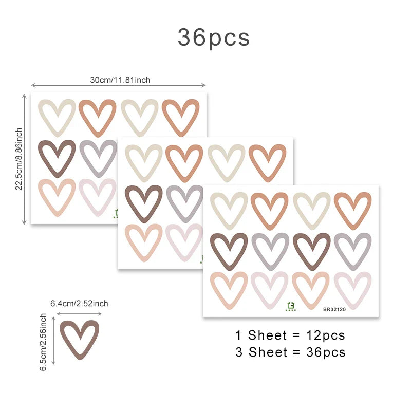Trendy 36pc Heart Shape Wall Stickers | Boho Decor for Living Room & Kids Room