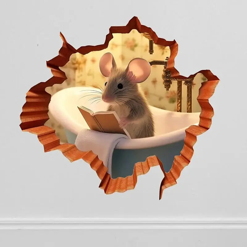Whimsical Mouse Reading Book in Wall Hole Decal | Cute Mouse Hole Sticker
