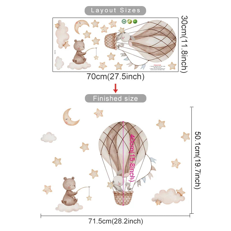 Cartoon Hot Air Balloon Wall Stickers | Animals, Bear & Rabbits Decals for Nursery