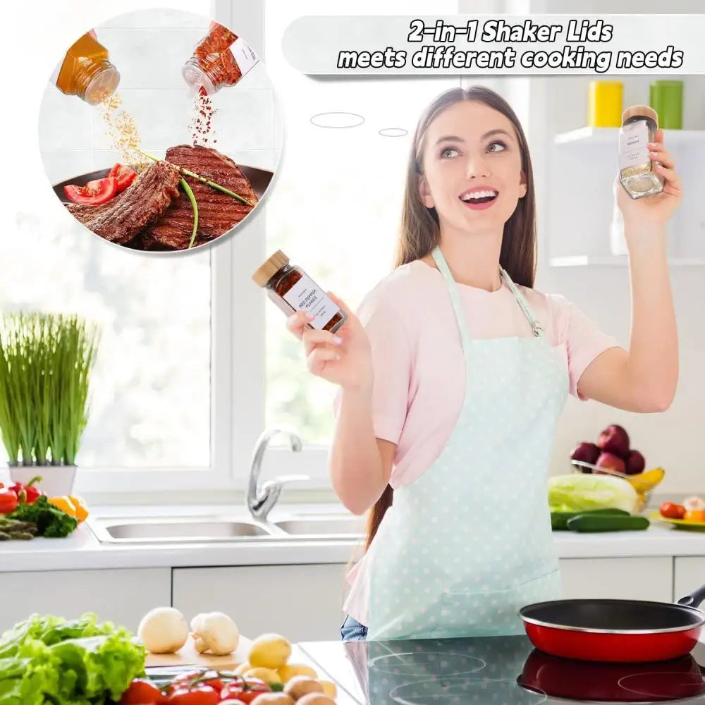 Modern Spice Jar Set | 13 Glass Storage Bottles with Bamboo Lids