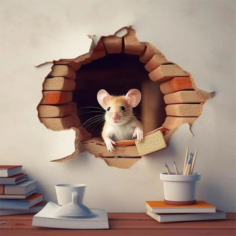 Whimsical Mouse Reading Book in Wall Hole Decal | Cute Mouse Hole Sticker