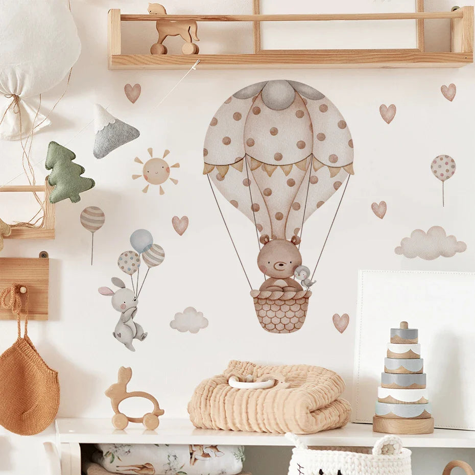 Cartoon Hot Air Balloon Wall Stickers | Animals, Bear & Rabbits Decals for Nursery