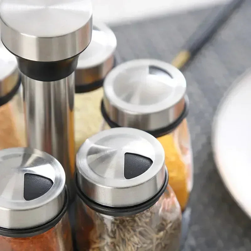 Modern Glass Seasoning Rack | Rotating Storage Holder with Salt Shakers