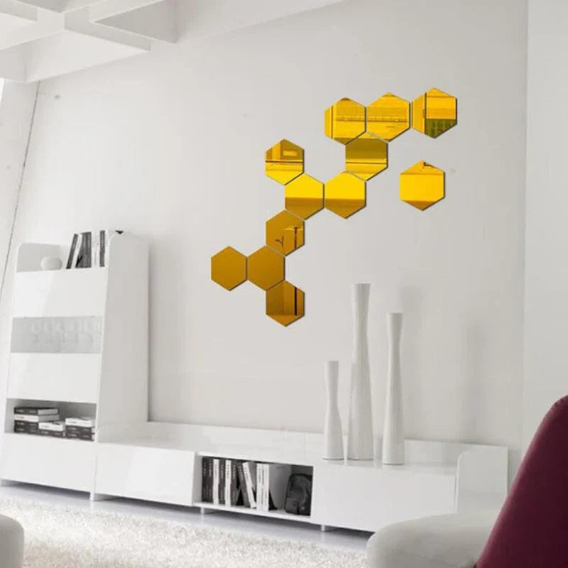 Hexagon Mirror Wall Decals (12PC) | DIY Self-Adhesive Living Room Decoration