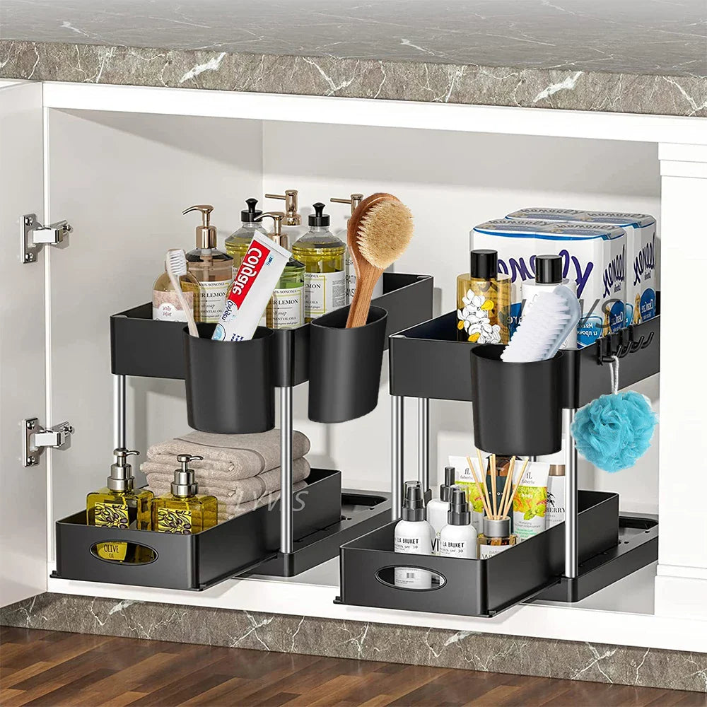 Hanging Cup & Hooks Cabinet Organizer | 2-Tier Sliding Under Sink Rack