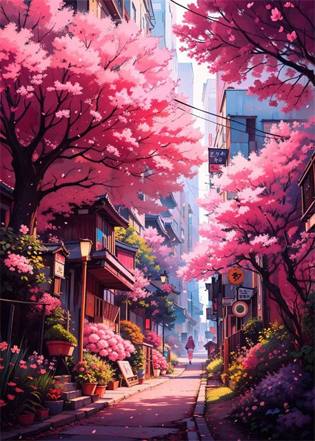 Modern Wall Art Prints | Japanese Street Scenery & Cherry Blossom Canvas