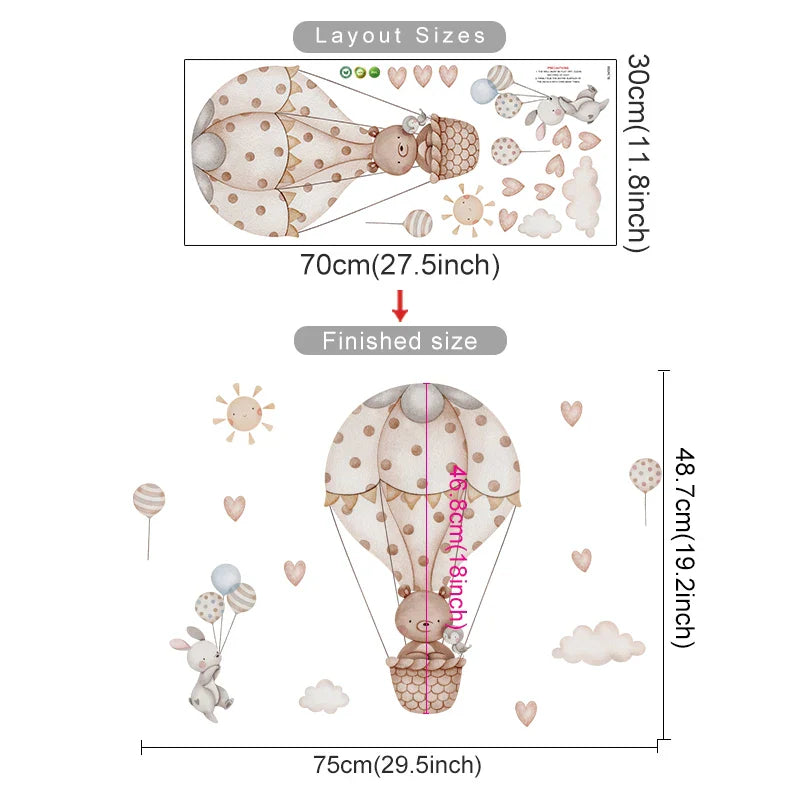 Cartoon Hot Air Balloon Wall Stickers | Animals, Bear & Rabbits Decals for Nursery