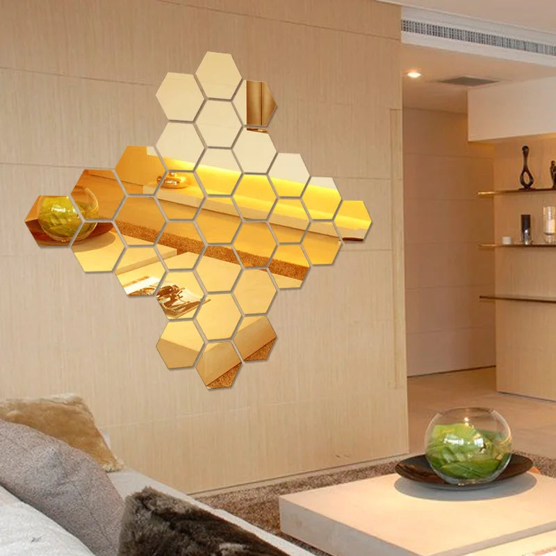 Hexagon Mirror Wall Decals (12PC) | DIY Self-Adhesive Living Room Decoration