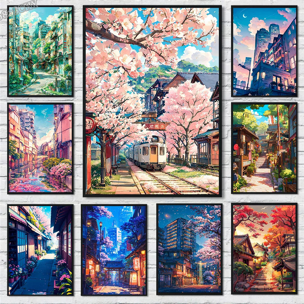 Modern Wall Art Prints | Japanese Street Scenery & Cherry Blossom Canvas