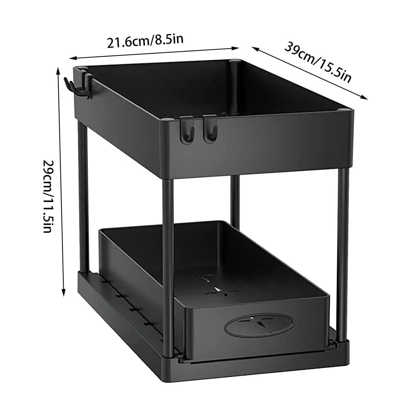 Hanging Cup & Hooks Cabinet Organizer | 2-Tier Sliding Under Sink Rack