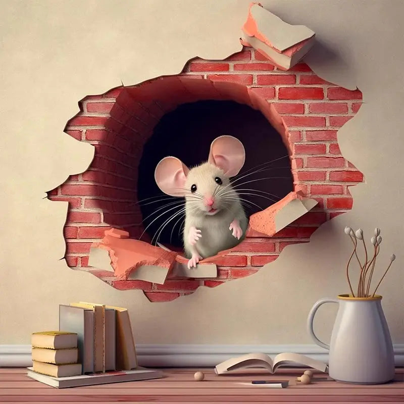 Whimsical Mouse Reading Book in Wall Hole Decal | Cute Mouse Hole Sticker