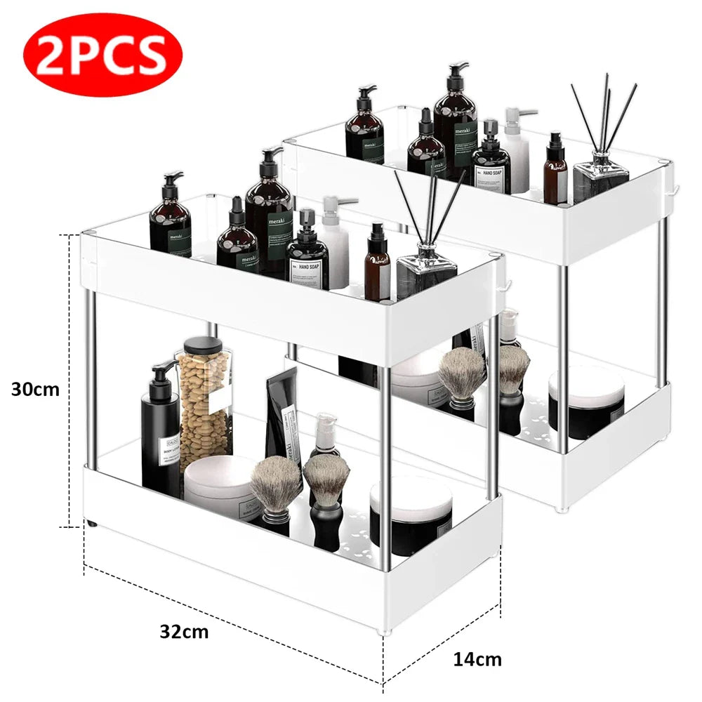 Hanging Cup & Hooks Cabinet Organizer | 2-Tier Sliding Under Sink Rack