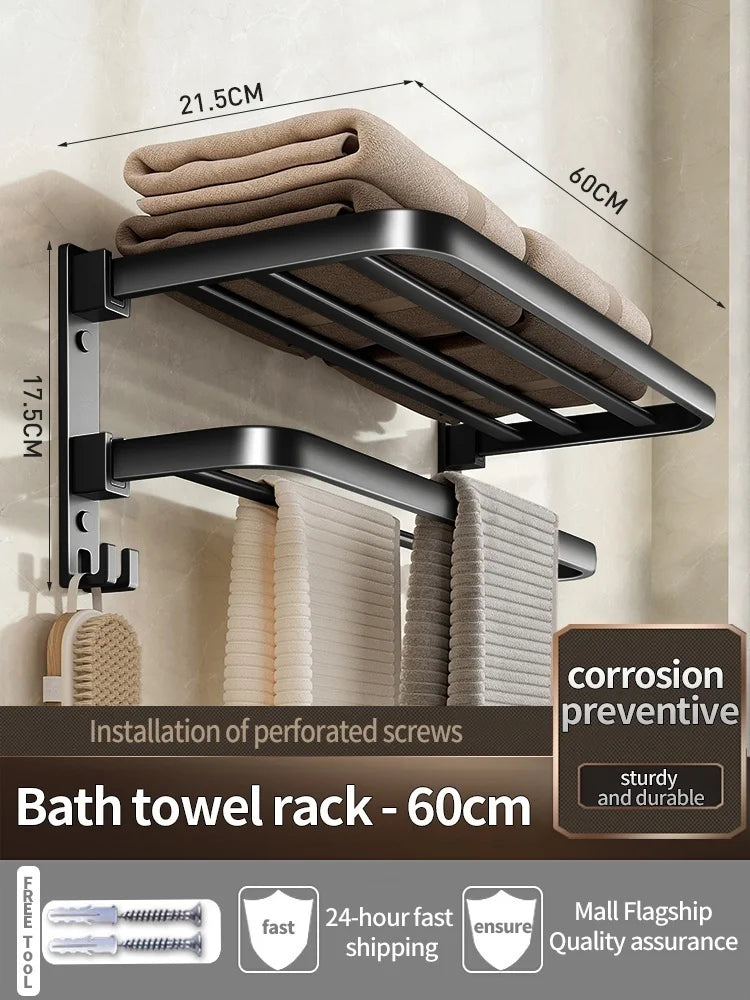 Thickened Grey/Black Bath Towel Rack | Wall Mount Space Aluminium Storage