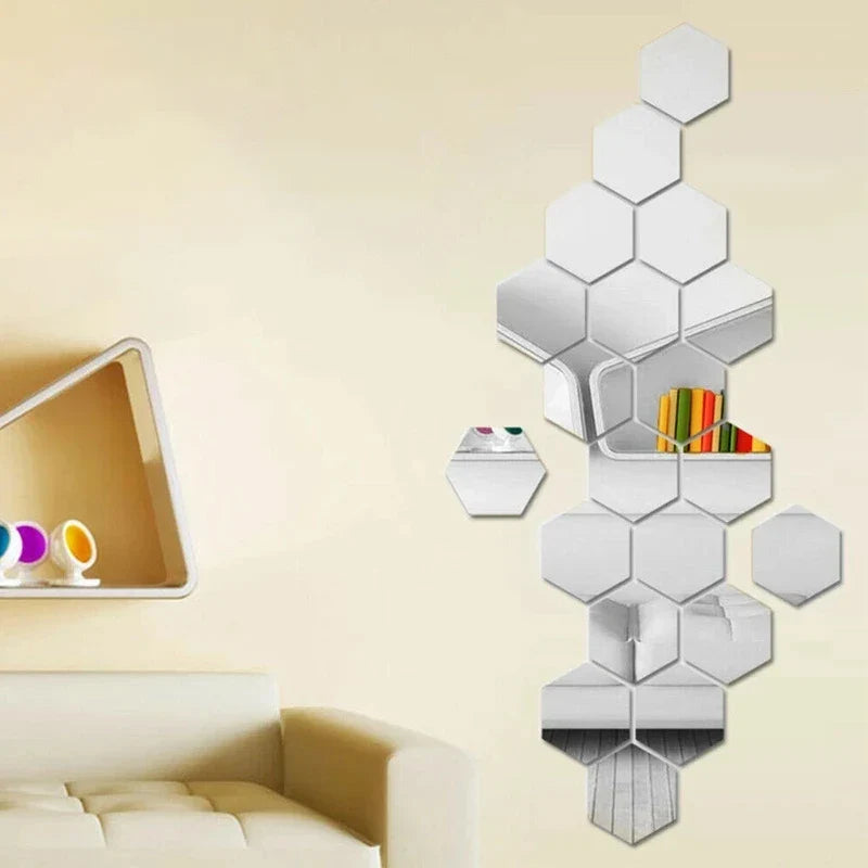 Hexagon Mirror Wall Decals (12PC) | DIY Self-Adhesive Living Room Decoration