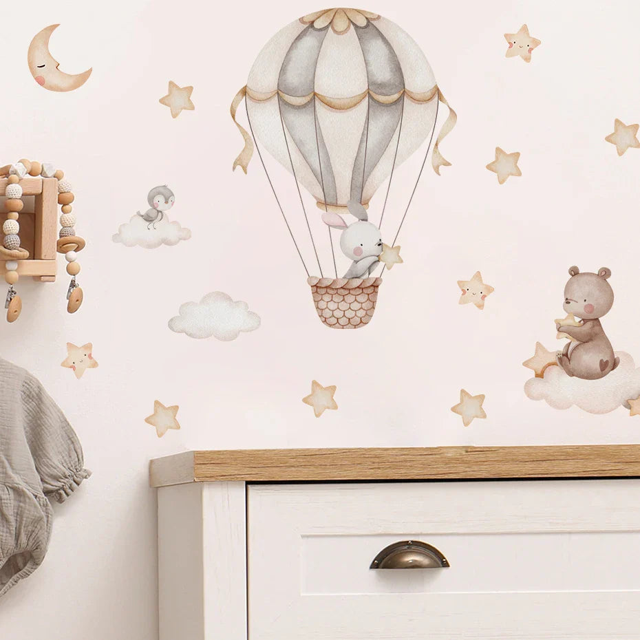 Cartoon Hot Air Balloon Wall Stickers | Animals, Bear & Rabbits Decals for Nursery
