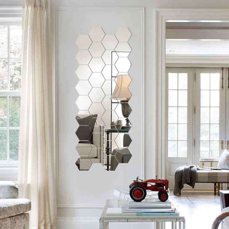 Hexagon Mirror Wall Decals (12PC) | DIY Self-Adhesive Living Room Decoration