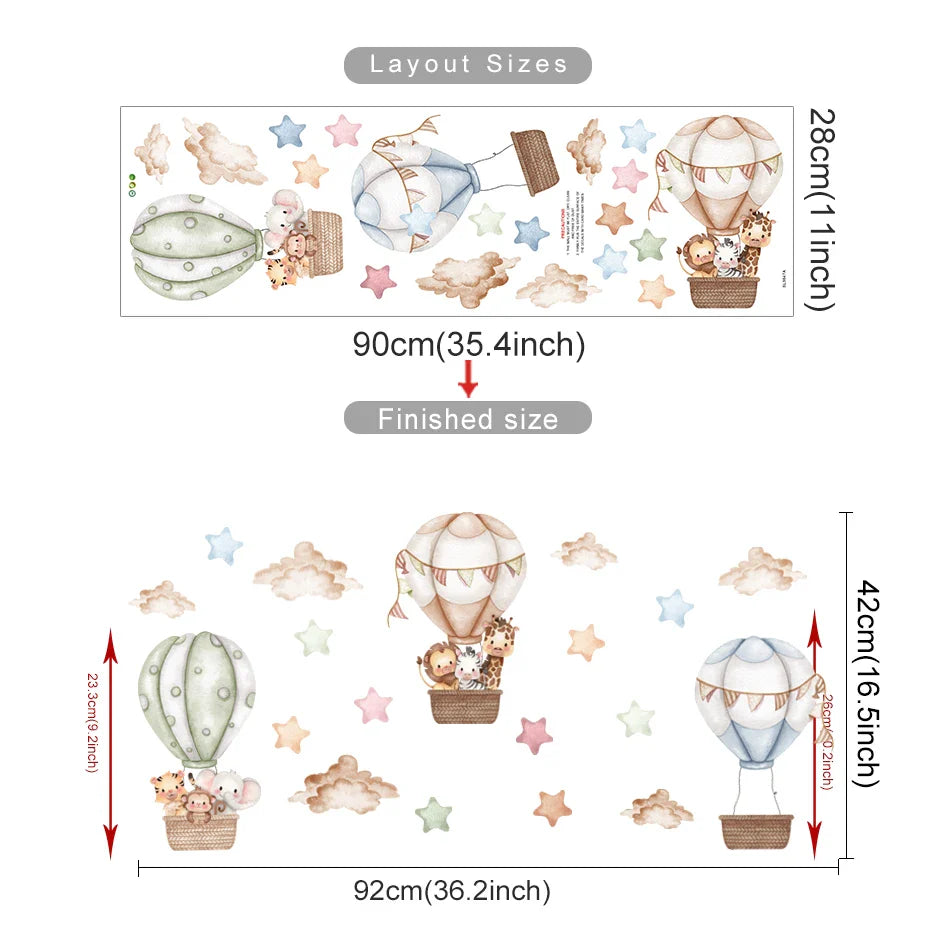 Cartoon Hot Air Balloon Wall Stickers | Animals, Bear & Rabbits Decals for Nursery