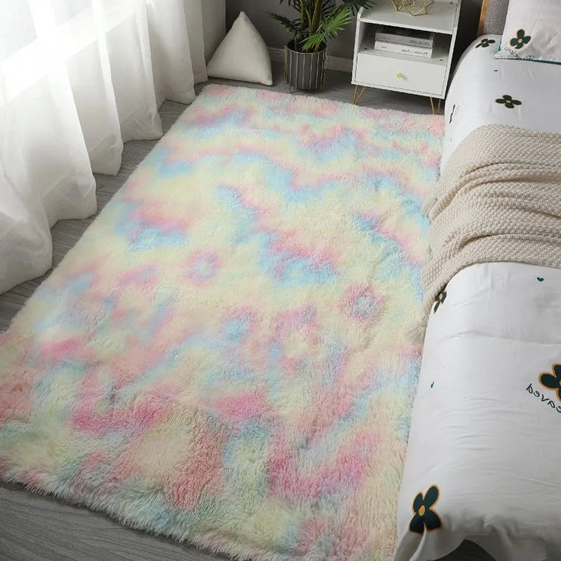 Soft Pink Kids Bedroom Rug | Cute Girls Floor Mat & White Fluffy Bedside Carpet