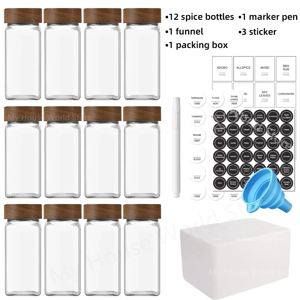 Modern Spice Jar Set | 13 Glass Storage Bottles with Bamboo Lids