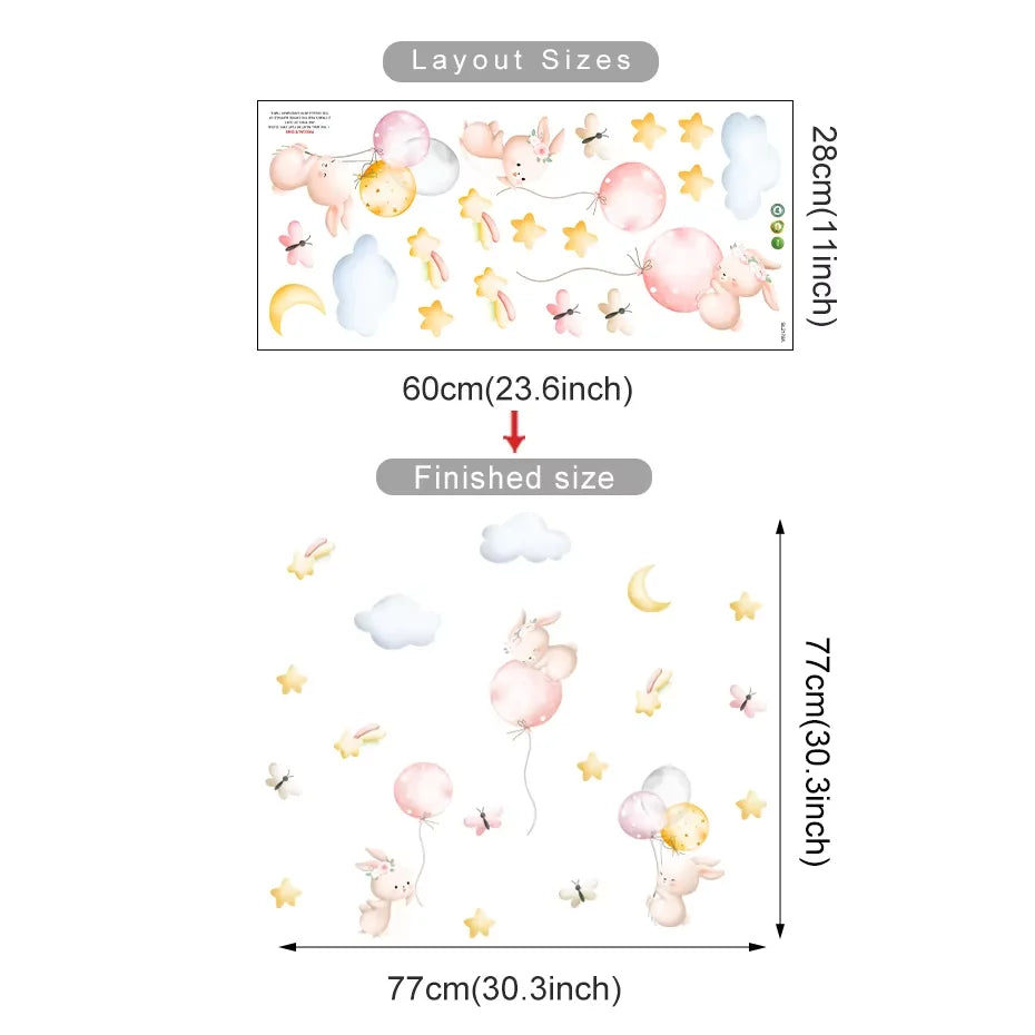 Cartoon Hot Air Balloon Wall Stickers | Animals, Bear & Rabbits Decals for Nursery