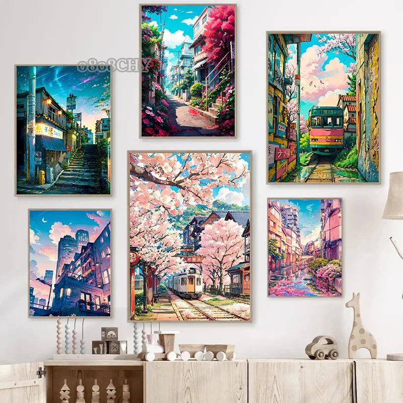 Modern Wall Art Prints | Japanese Street Scenery & Cherry Blossom Canvas