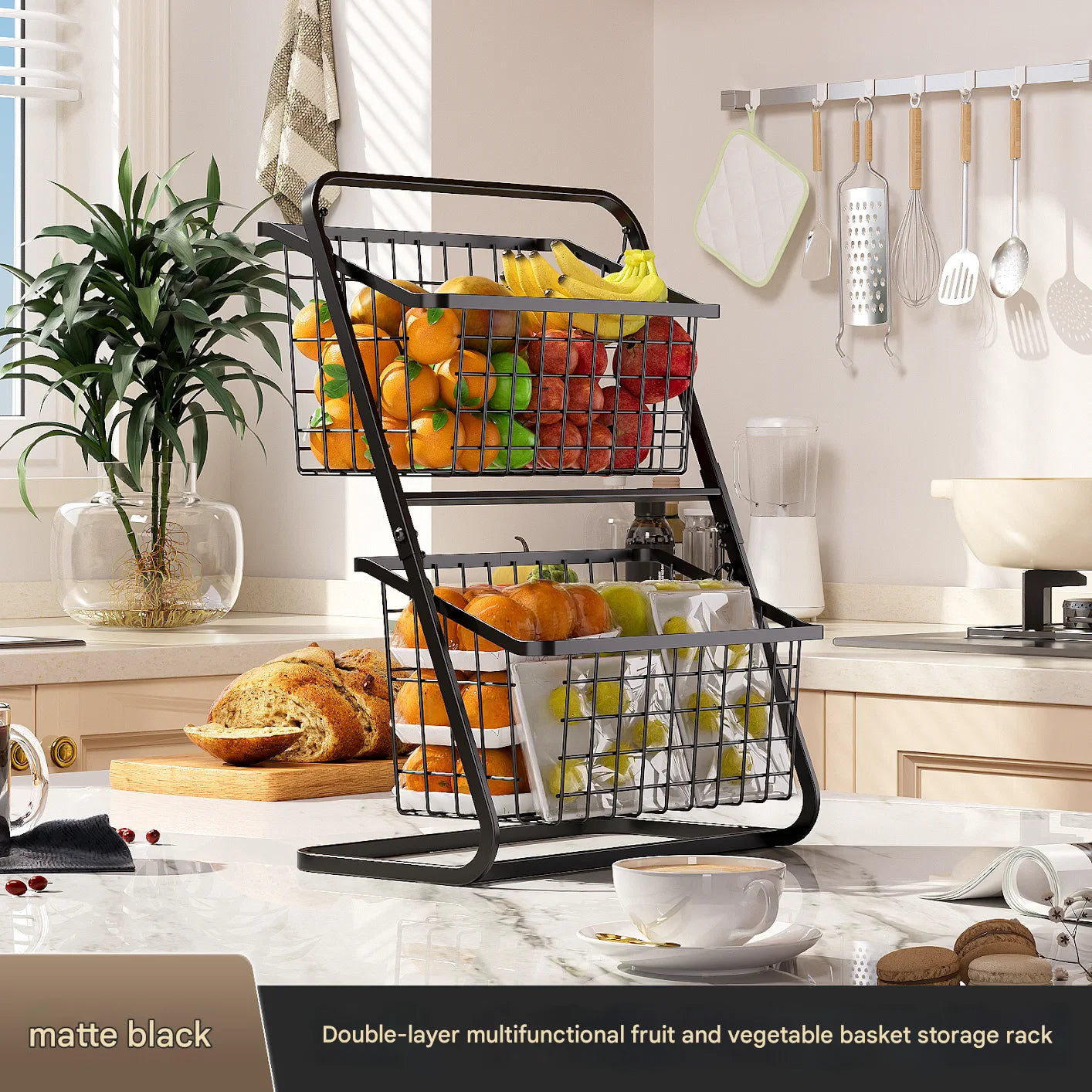 Household Black Multi-Tier Vegetable & Fruit Storage Basket | Floor Rack