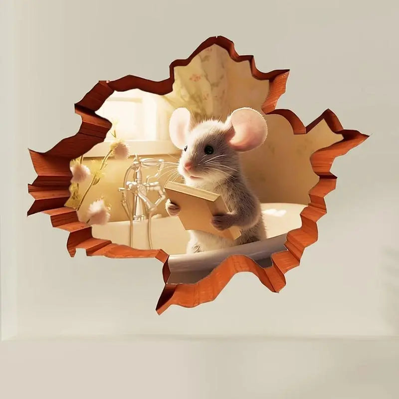 Whimsical Mouse Reading Book in Wall Hole Decal | Cute Mouse Hole Sticker
