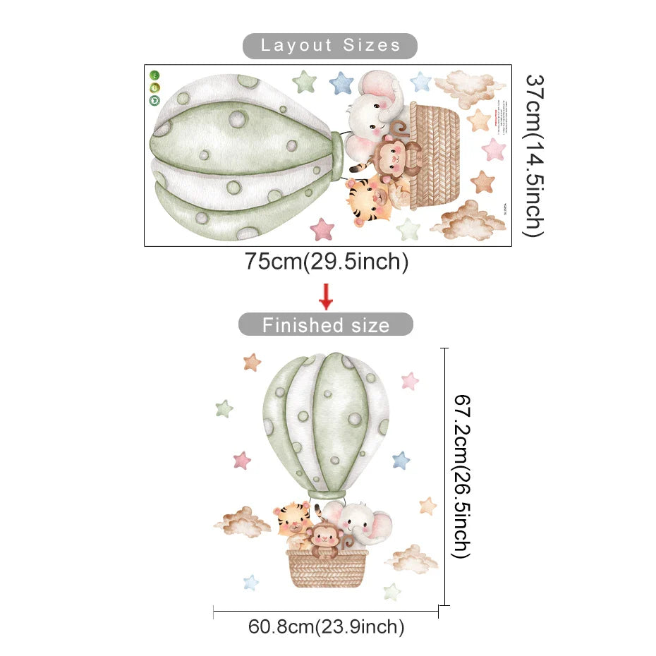 Cartoon Hot Air Balloon Wall Stickers | Animals, Bear & Rabbits Decals for Nursery